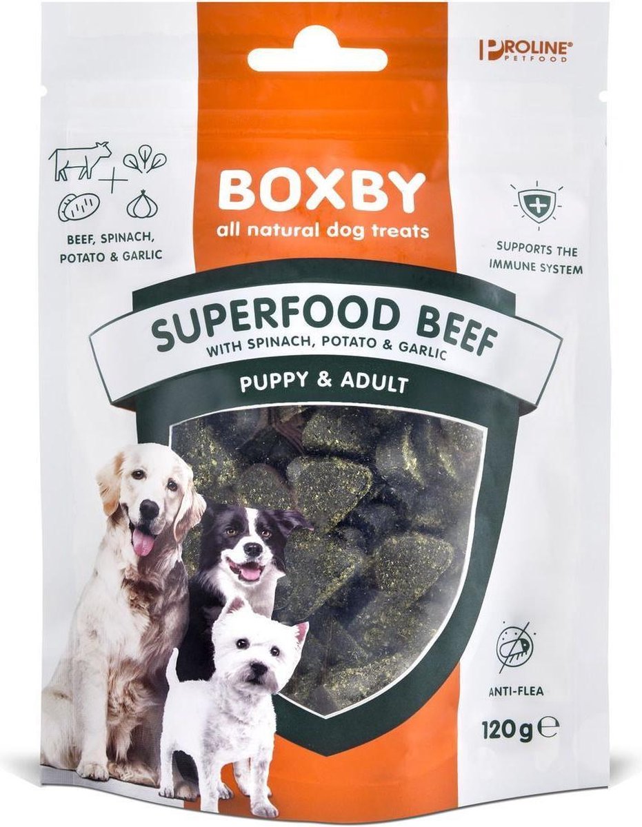 PROLINE Boxby Superfood 120 g - Hondensnacks - Rund&Spinazie&Knoflook