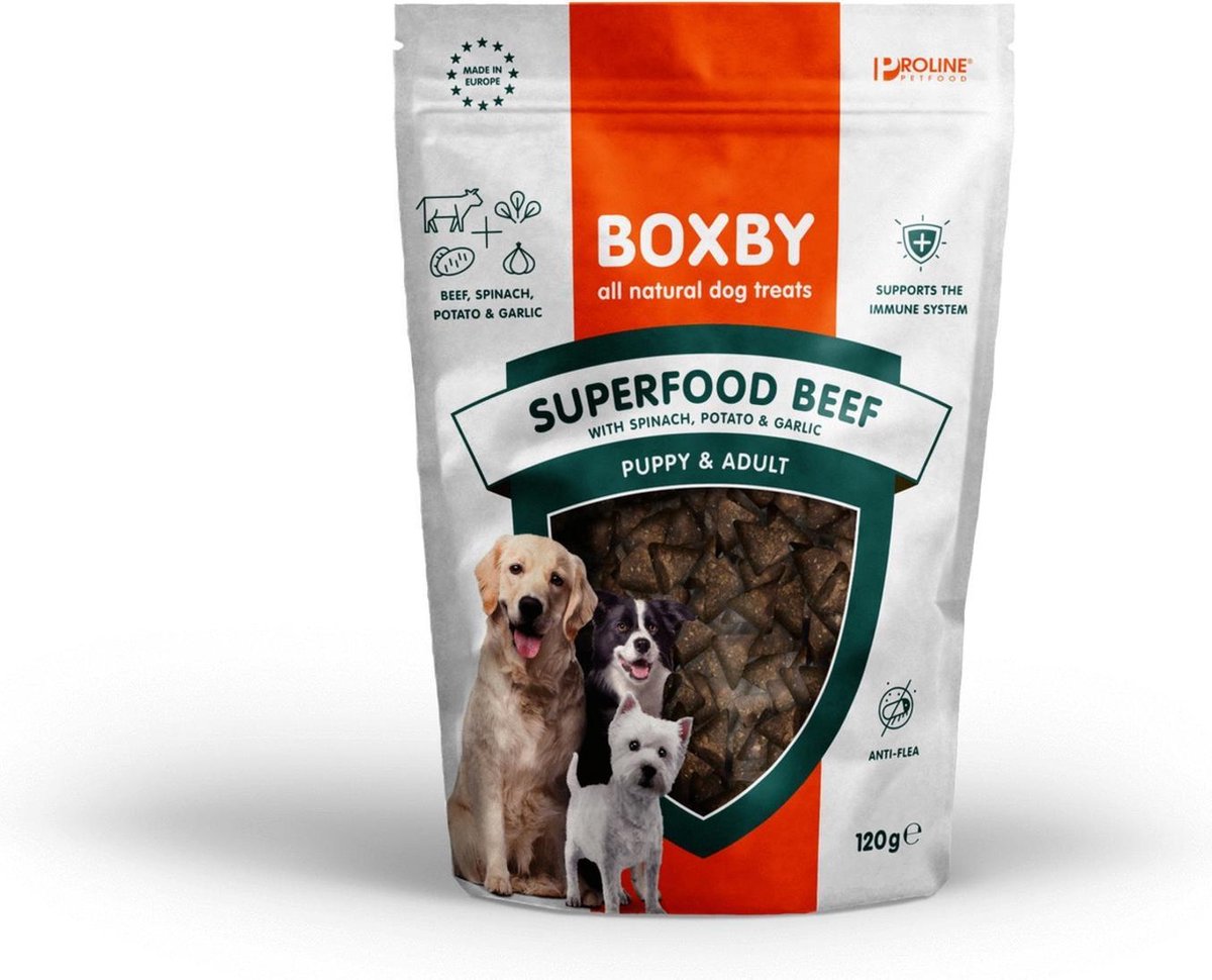 PROLINE Boxby Superfood 120 g - Hondensnacks - Rund&Spinazie&Knoflook