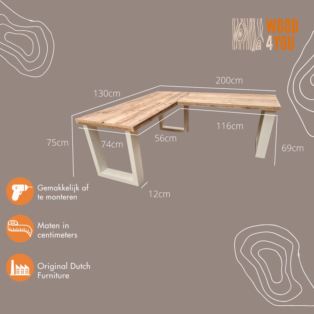 Wood4you New England Hoekbureau Steigerhout 200/130lx72dx75h