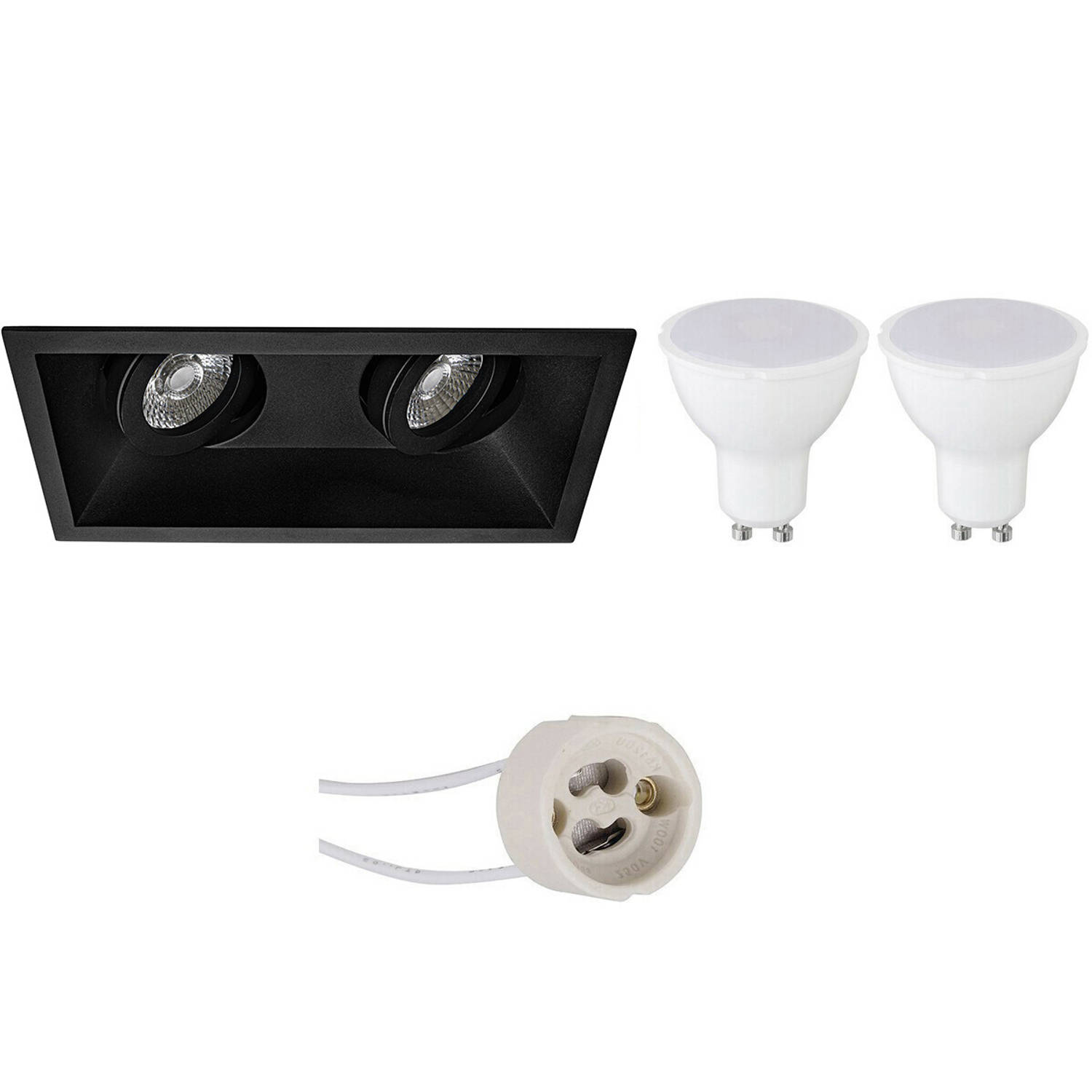 BES LED Led Spot Set - Pragmi Zano Pro - Gu10 Fitting - Inbouw Rechthoek Dubbel - Mat - 4w - Warm Wit 3000k - Kantelbaar - - Zwart