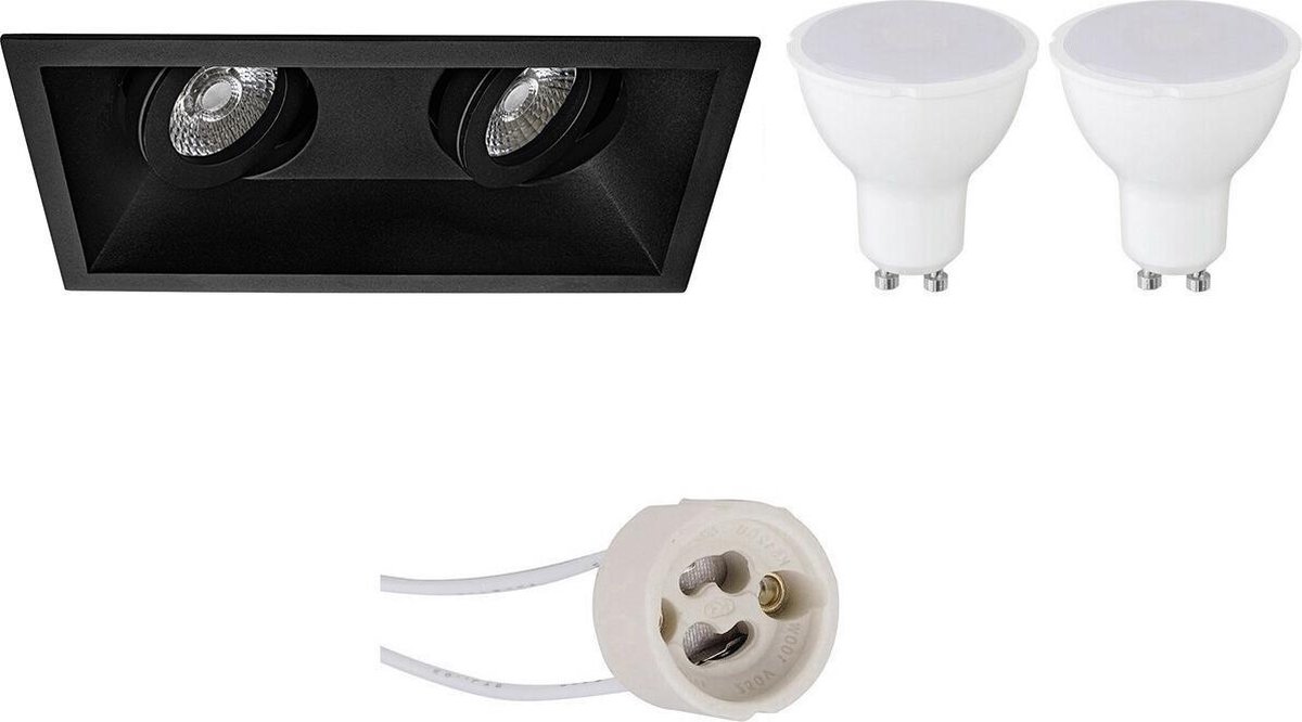 BES LED Led Spot Set - Pragmi Zano Pro - Gu10 Fitting - Inbouw Rechthoek Dubbel - Mat - 6w - Warm Wit 3000k - Kantelbaar - - Zwart