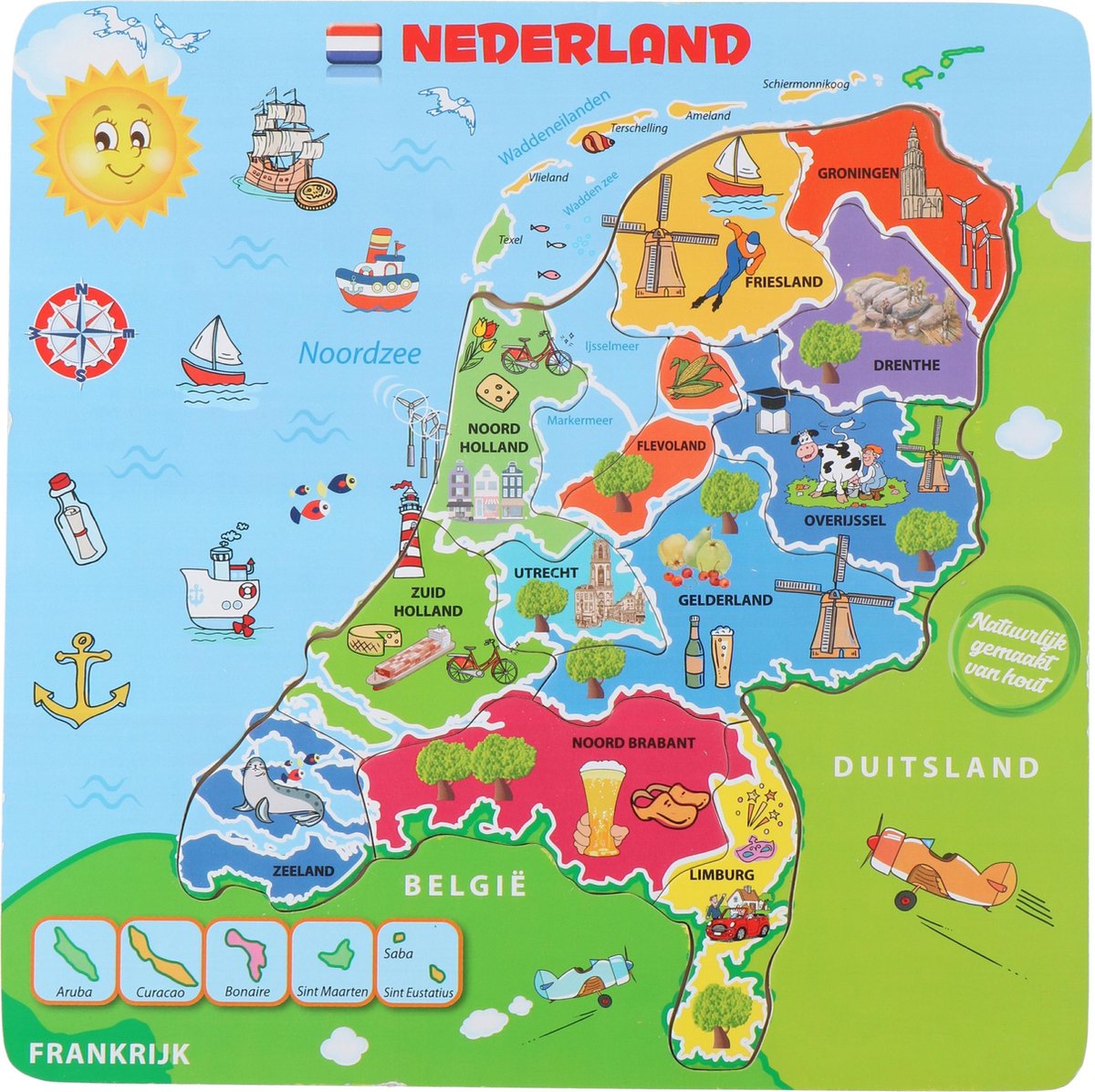 Marionette Puzzel Nederland - Houten Puzzel - Landkaart Nederland - 13 Stukken - Hout