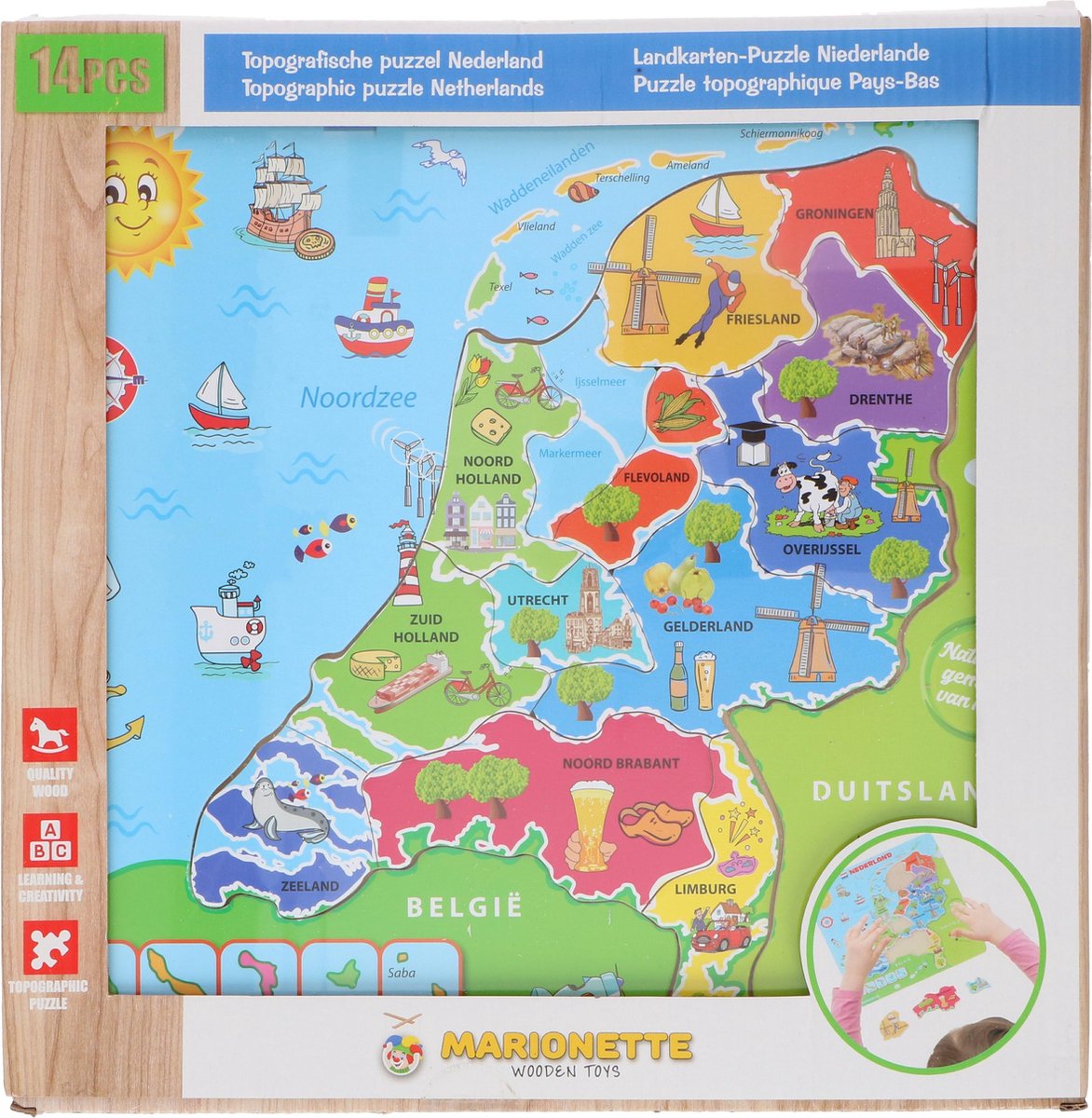 Marionette Puzzel Nederland - Houten Puzzel - Landkaart Nederland - 13 Stukken - Hout