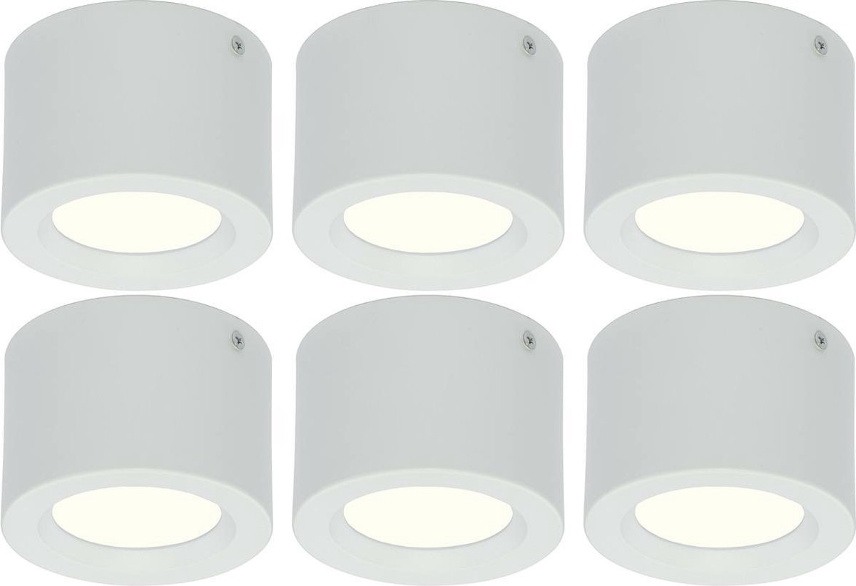 BES LED Led Downlight 6 Pack - Opbouw Rond Hoog 5w - Natuurlijk 4200k - Mat Aluminium - Ø105mm - Wit