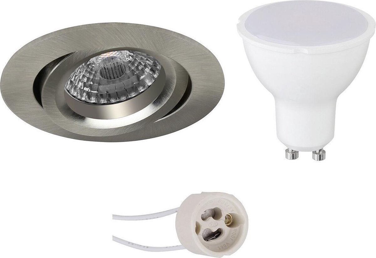 BES LED Led Spot Set - Pragmi Aerony Pro - Gu10 Fitting - Inbouw Rond - Mat Nikkel - 6w - Warm 3000k - Kantelbaar - Ø82mm - Wit