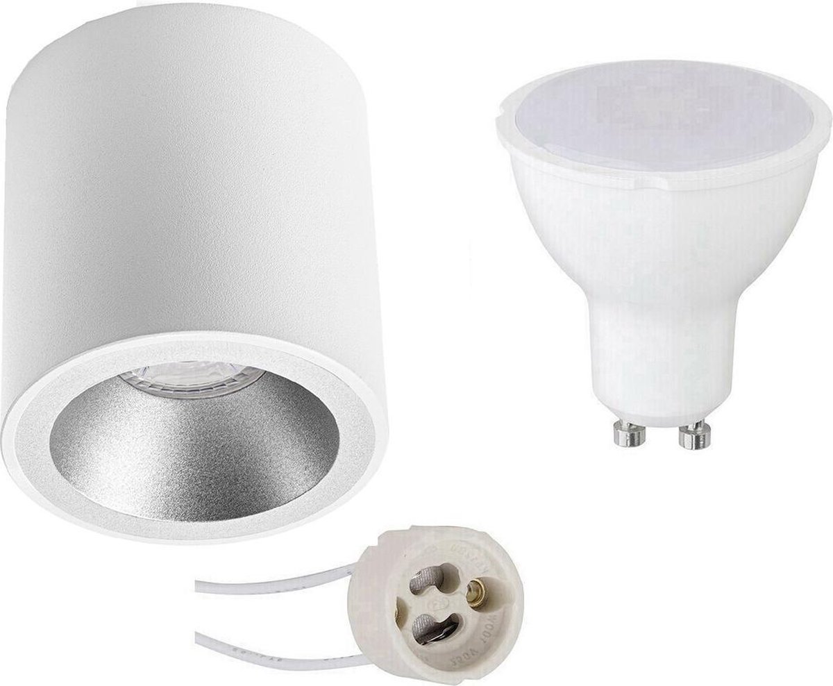 BES LED Opbouwspot Set - Pragmi Cliron Pro - Gu10 Fitting - Opbouw Rond - Mat/zilver - 6w - Warm 3000k - Verdiept - - Wit