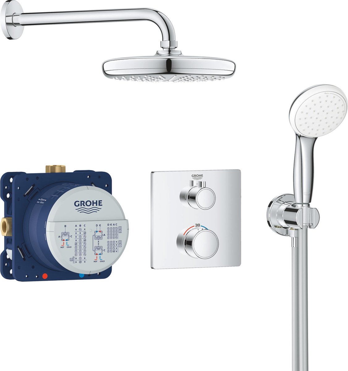 Grohe Grohtherm Perfect comfortset m. afbouwdeel voor inbouw douchekraan therm. + inb.deel Rapido T rechthoekig met tempesta hoofddouche 210 + handdouche 1 chroom 34729000