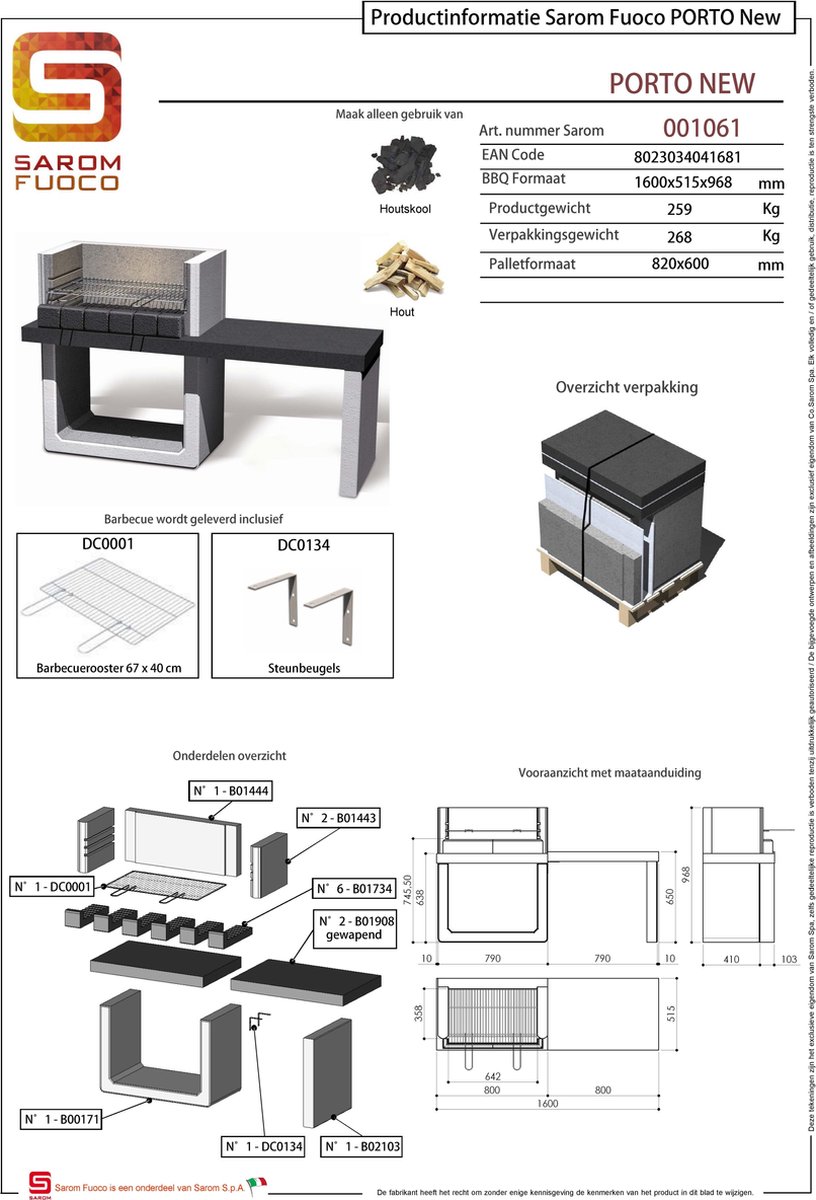 Sarom Fuoco - Betonnen Barbecue - Porto New - 160 X 51,5 X 96,8 Cm - Grijs
