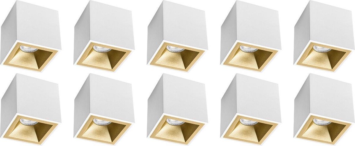 BES LED Opbouwspot 10 Pack - Pragmi Cliron Pro - Gu10 Fitting - Opbouw Vierkant - Mat/goud - Aluminium - Verdiept - Ø90mm - Wit