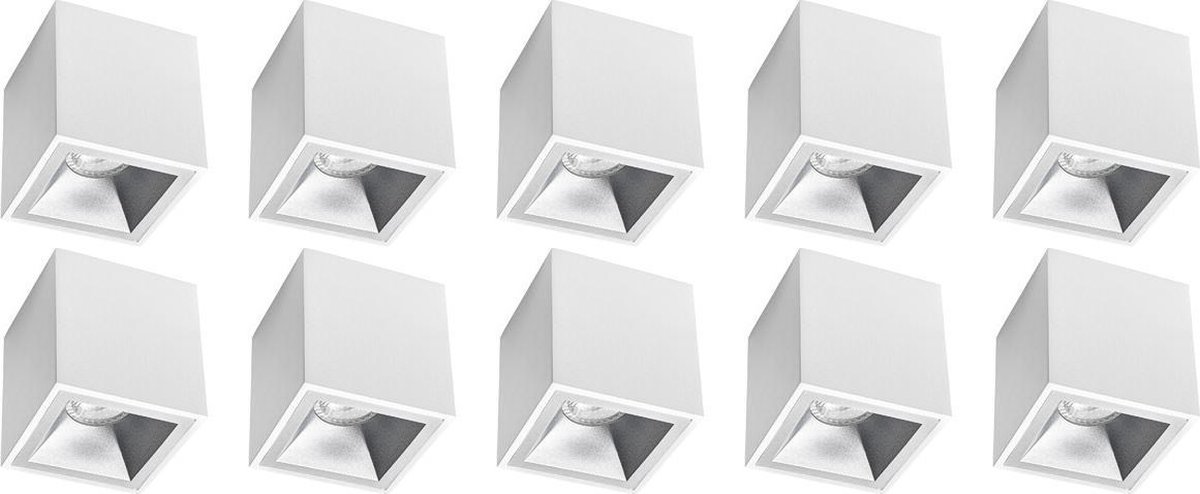 BES LED Opbouwspot 10 Pack - Pragmi Cliron Pro - Gu10 Fitting - Opbouw Vierkant - Mat/zilver - Aluminium - Verdiept - Ø90mm - Wit