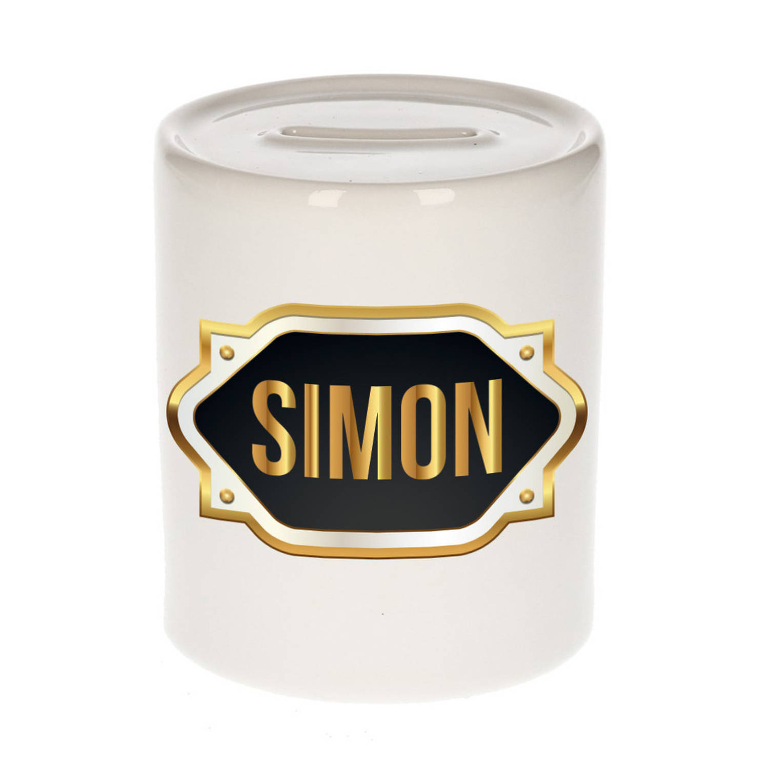 Bellatio Decorations Simon Naam Cadeau Spaarpot Meten Embleem - Kado Verjaardag/ Vaderdag/ Pensioen/ Geslaagd/ Bedankt - Goud