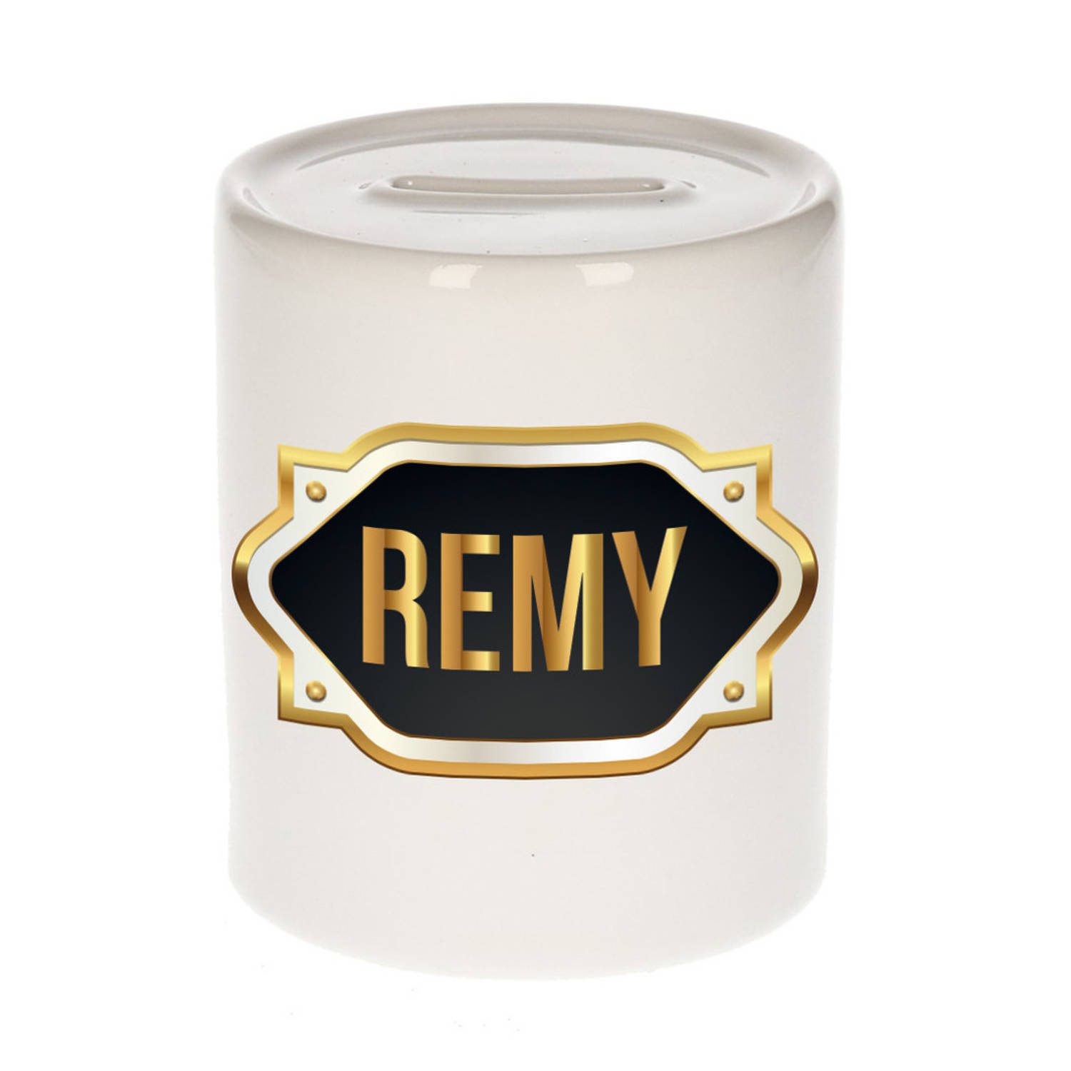 Bellatio Decorations Remy Naam Cadeau Spaarpot Meten Embleem - Kado Verjaardag/ Vaderdag/ Pensioen/ Geslaagd/ Bedankt - Goud