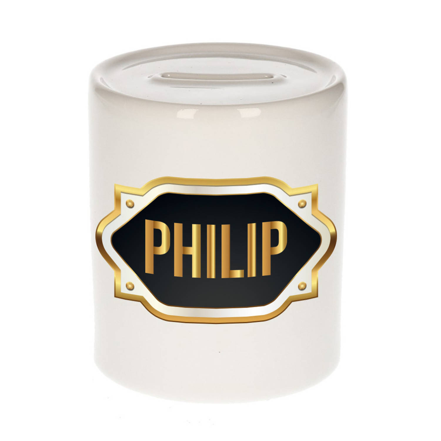 Bellatio Decorations Philip Naam Cadeau Spaarpot Meten Embleem - Kado Verjaardag/ Vaderdag/ Pensioen/ Geslaagd/ Bedankt - Goud