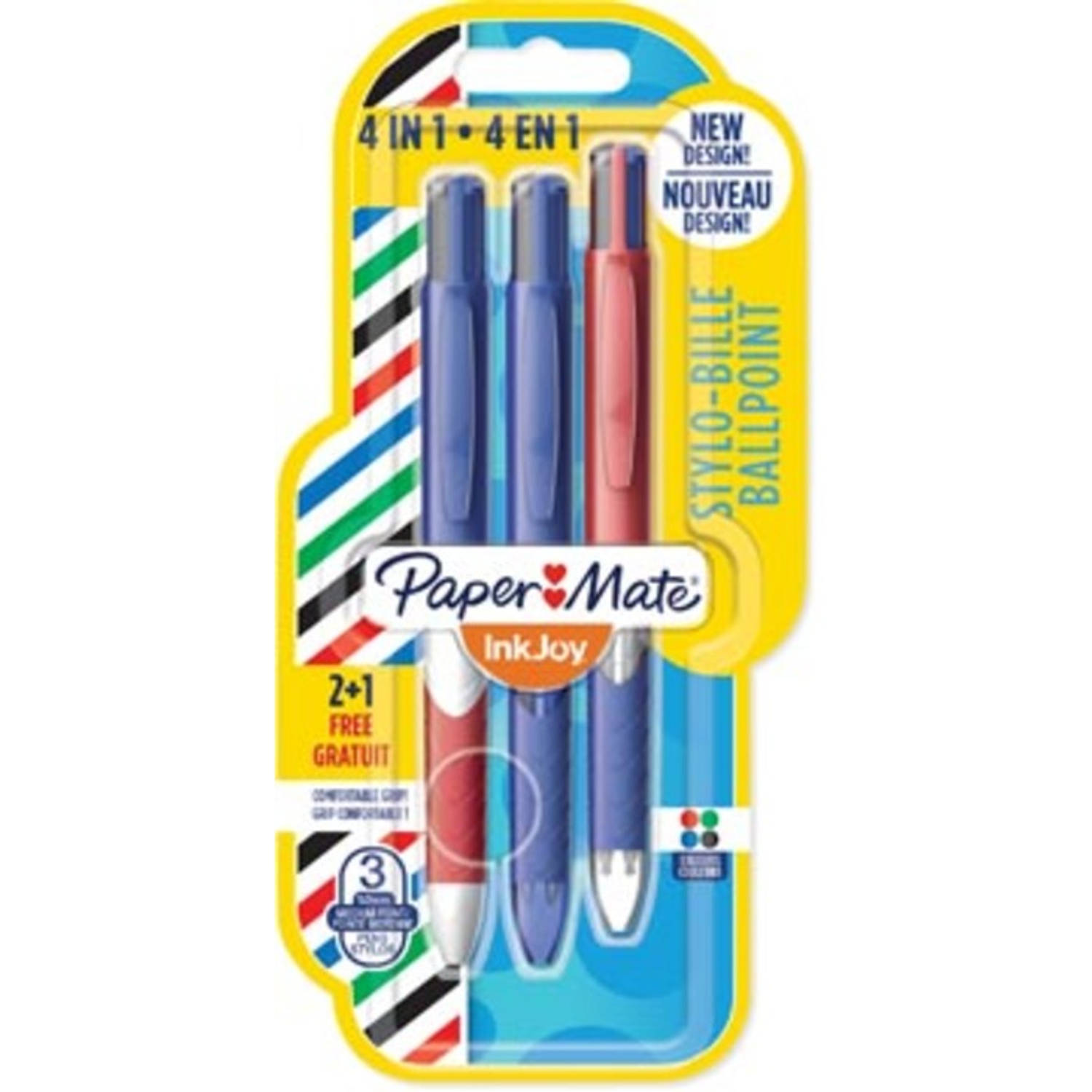 Paper Mate 4-kleuren Balpen Inkjoy French Connection, Blister 2 + 1 Gratis