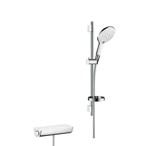 Hansgrohe Raindance Select douchecombinatie:Unica`S Puro glijstang met douchekraan thermostatisch met Ecostat Select 65cm met Raindance Select 150 Air 3jet handdouche wit/chroom 27036400