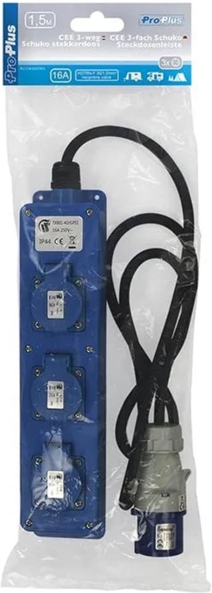 Universeel ProPlus CEE 3-weg / Schuko-stekkerdoos 1,5 meter - Zwart