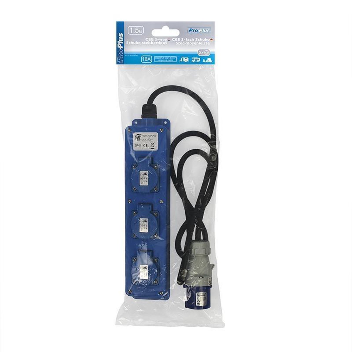 Universeel ProPlus CEE 3-weg / Schuko-stekkerdoos 1,5 meter - Zwart
