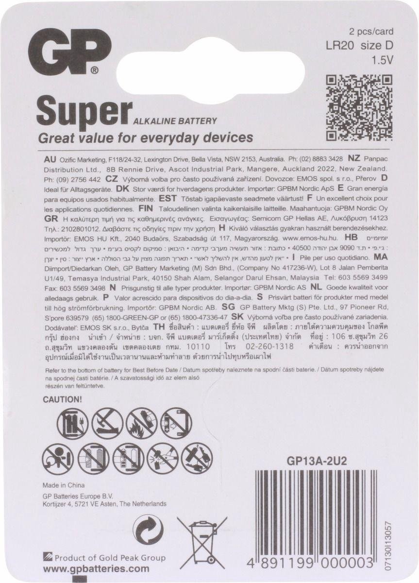 GP Super Alkaline batterijen type D - 2 stuks