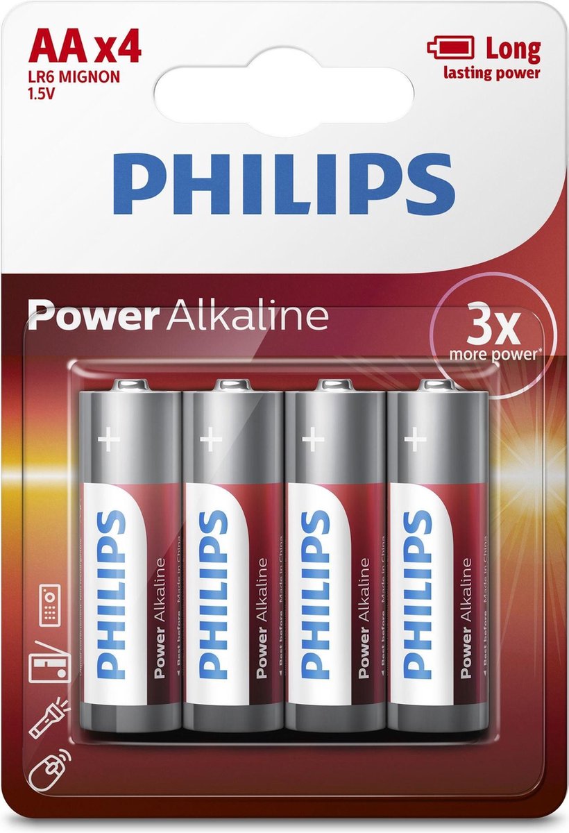 Philips batterijen AA Power Alkaline zilver/rood 4 stuks