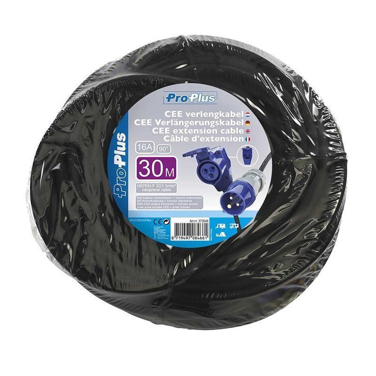 Universeel ProPlus CEE verlengkabel contrastekker/Schuko-stopcontact 30 meter - Zwart