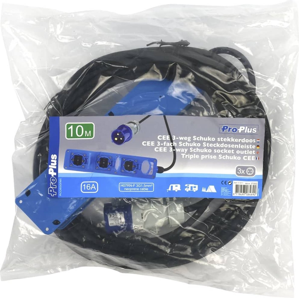 Universeel ProPlus CEE 3-weg / Schuko-stekkerdoos 10 meter - Zwart