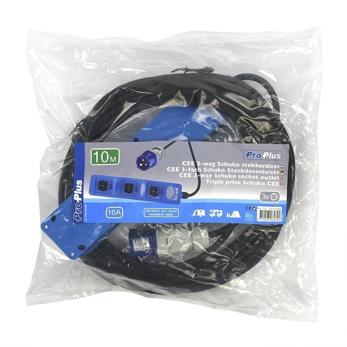 Universeel ProPlus CEE 3-weg / Schuko-stekkerdoos 10 meter - Zwart