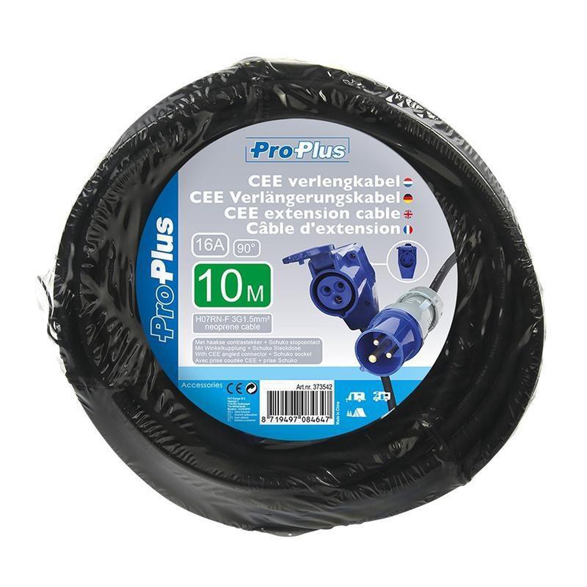Universeel ProPlus CEE verlengkabel contrastekker/Schuko-stopcontact 10 meter - Zwart