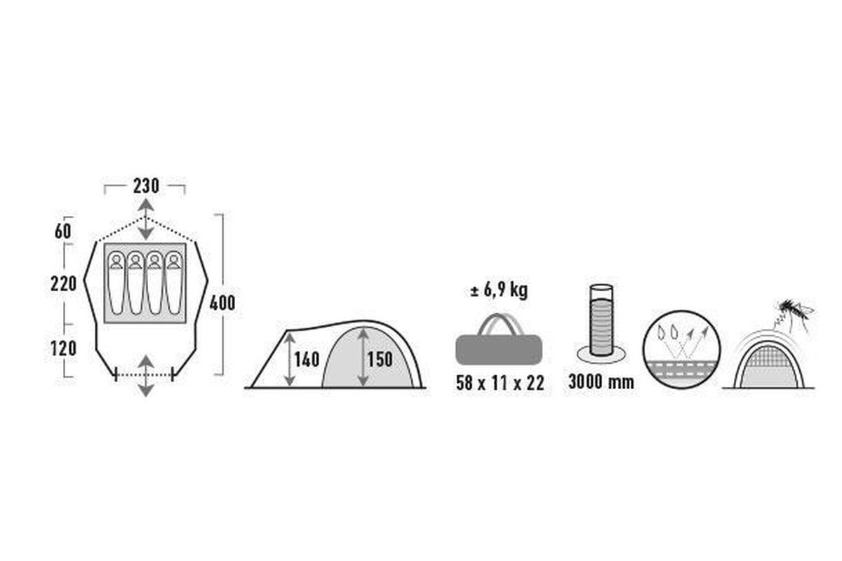 High Peak familietent Almada 4.0 400 x 230 x 150 cm grijs