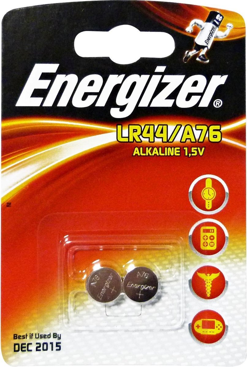 Energizer knoopcelbatterij LR44/A76 Alkaline 1,5V 2 stuks
