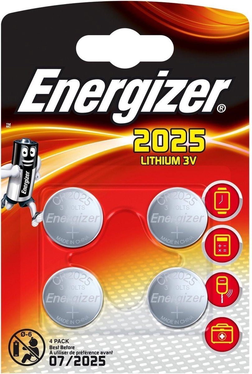 Energizer batterij knoopcel Lithium 3V CR2025 4 stuks - Rojo