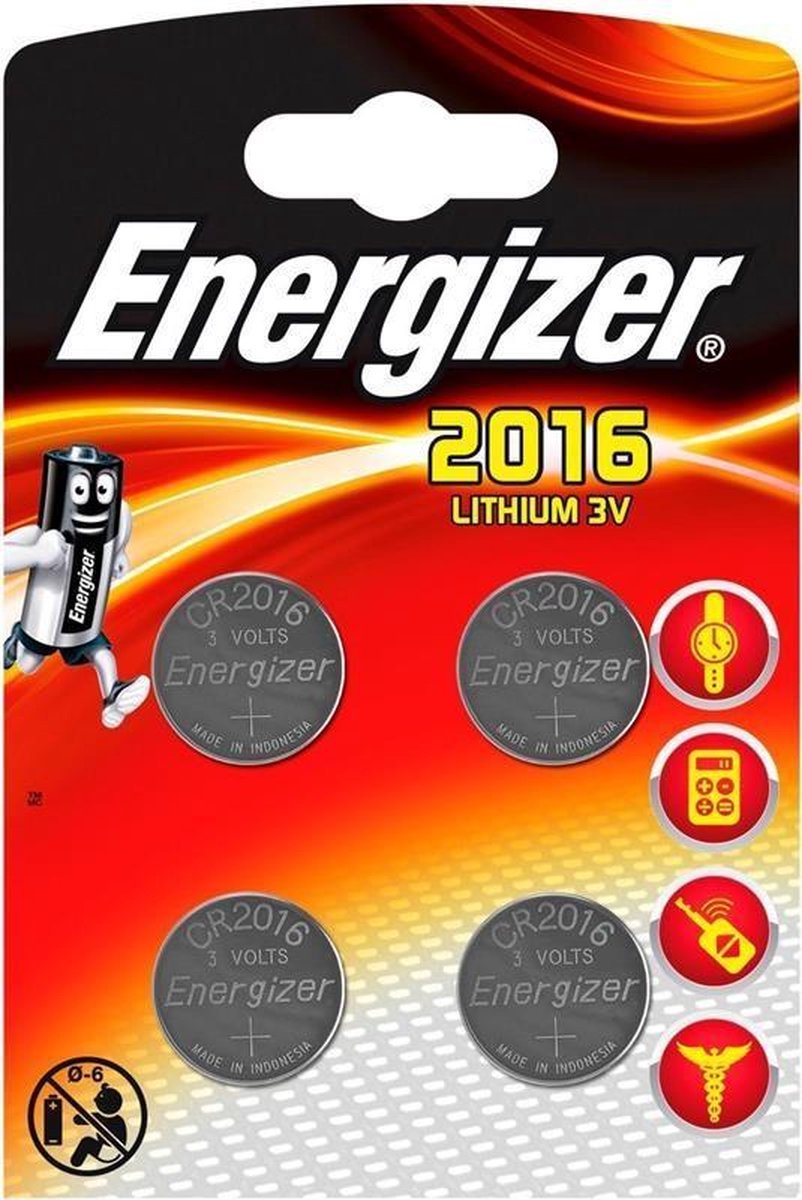 Energizer batterij knoopcel Lithium 3V CR2016 4 stuks - Rood