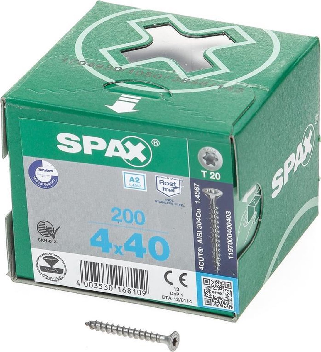 SPAX 1197000400403 Roestvaststalen schroef, Verzonken kop, 4 x 40, Voldraad, T-STAR plus T20 - blank - 200 stuks