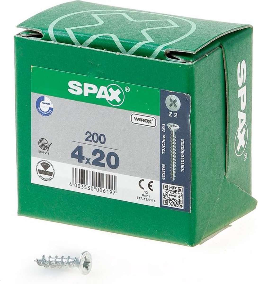 SPAX 1081010400203 Universele schroef, Verzonken kop, 4 x 20, Voldraad, Kruiskop Z2 - WIROX - 200 stuks