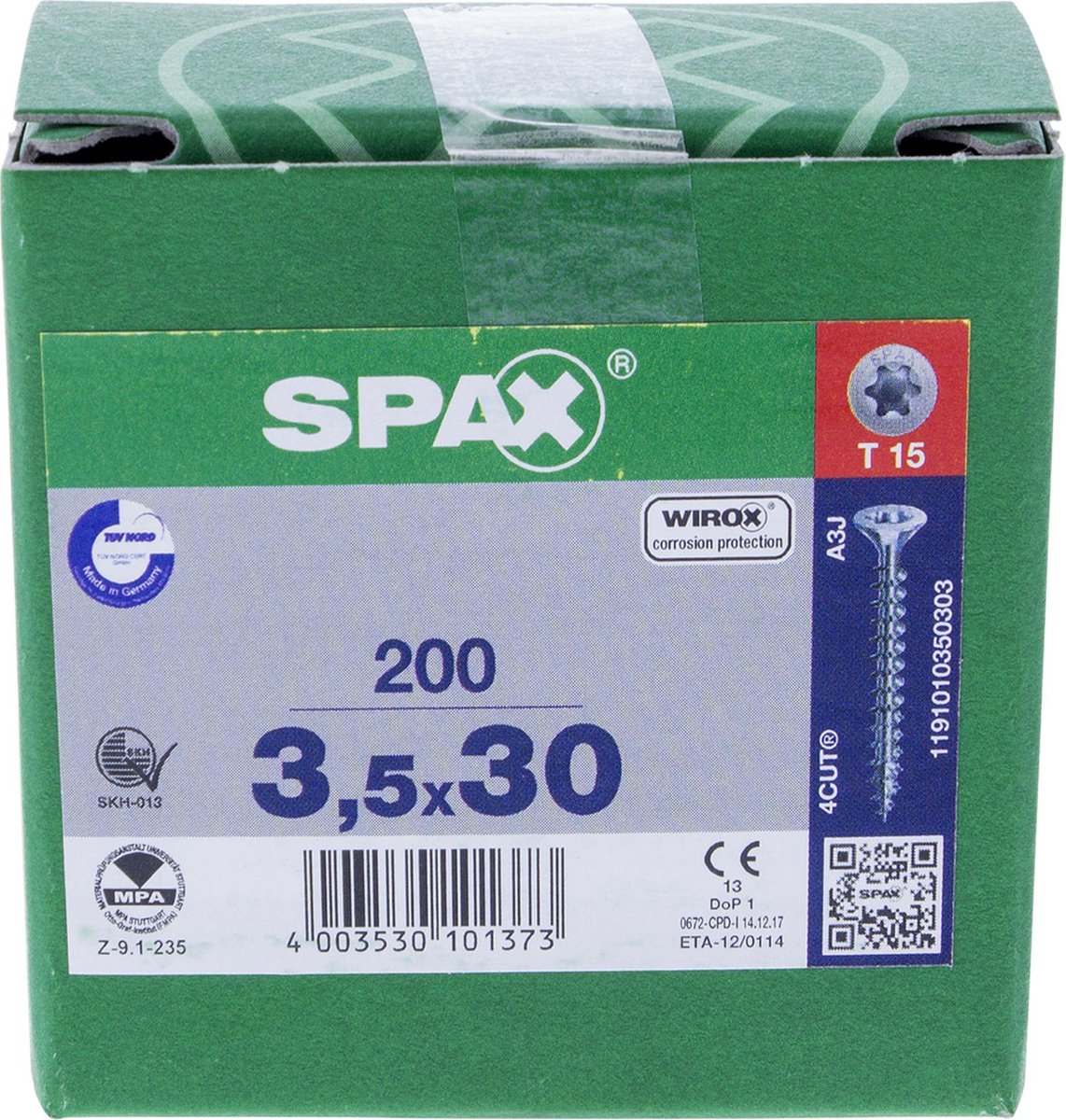 SPAX 1191010350303 Universele schroef, Verzonken kop, 3.5 x 30, Voldraad, T-STAR plus T20 - WIROX - 200 stuks