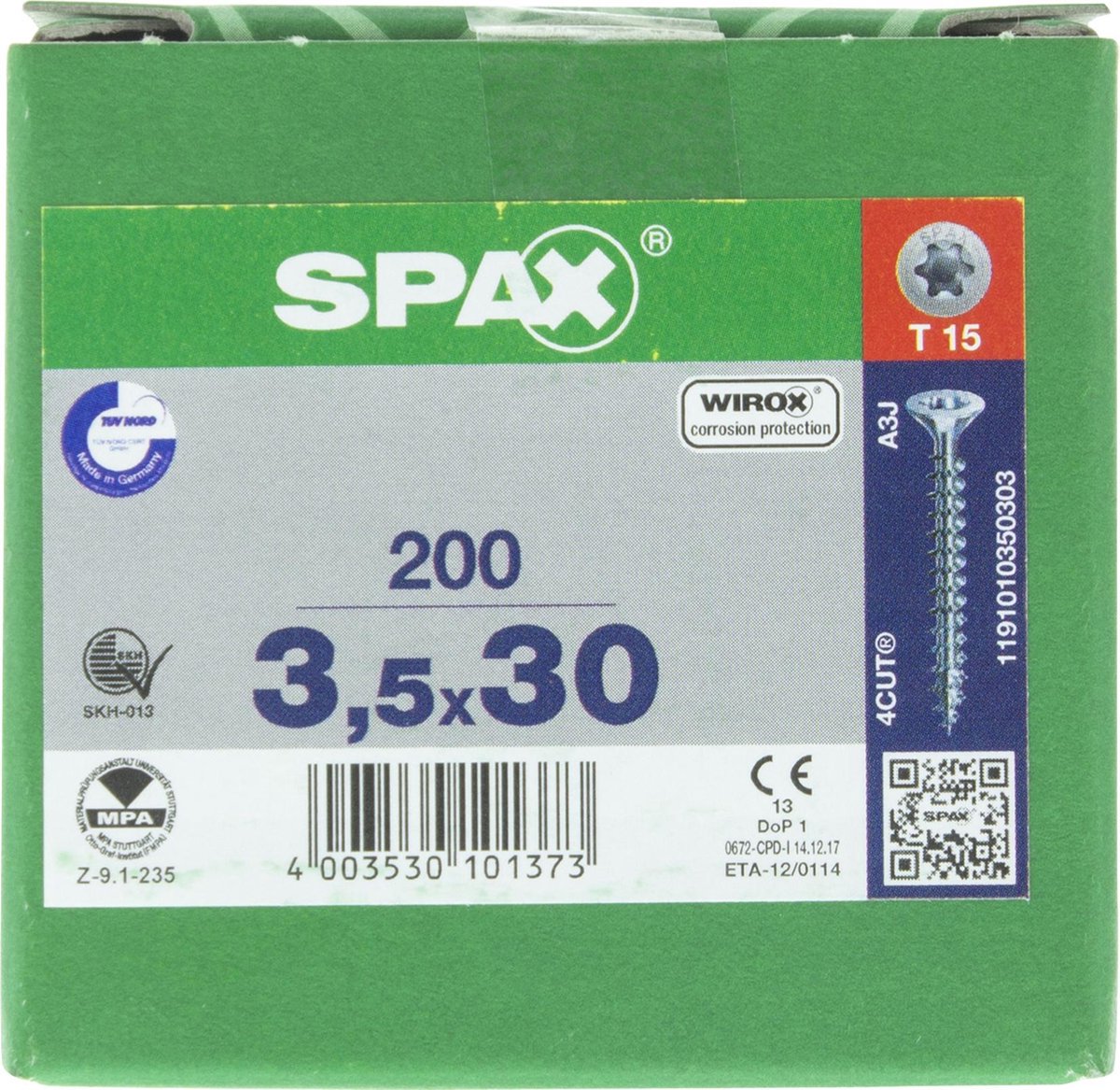 SPAX 1191010350303 Universele schroef, Verzonken kop, 3.5 x 30, Voldraad, T-STAR plus T20 - WIROX - 200 stuks