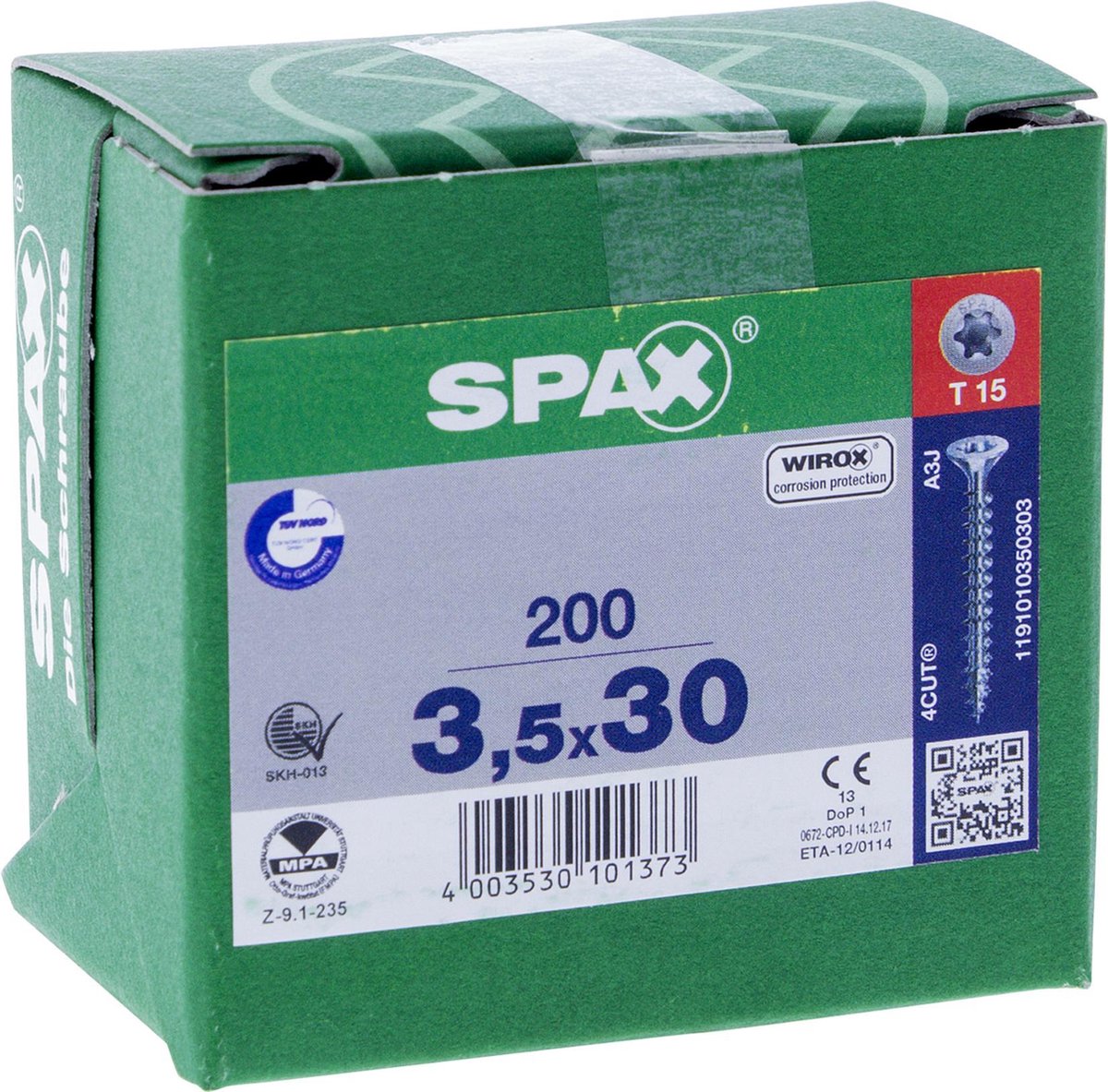 SPAX 1191010350303 Universele schroef, Verzonken kop, 3.5 x 30, Voldraad, T-STAR plus T20 - WIROX - 200 stuks