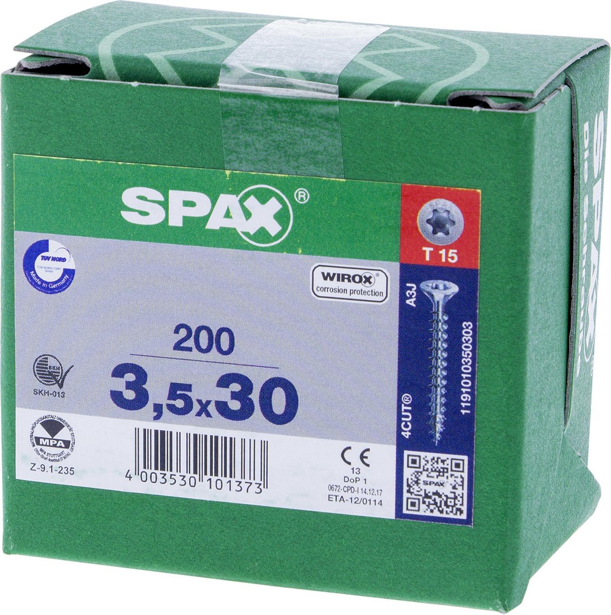 SPAX 1191010350303 Universele schroef, Verzonken kop, 3.5 x 30, Voldraad, T-STAR plus T20 - WIROX - 200 stuks