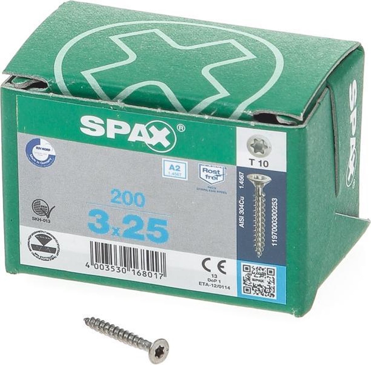 SPAX -S 1197000300253 Roestvaststalen schroef, Verzonken kop, 3 x 25, Voldraad, T-STAR plus T10, S-punt - blank - 200 stuks