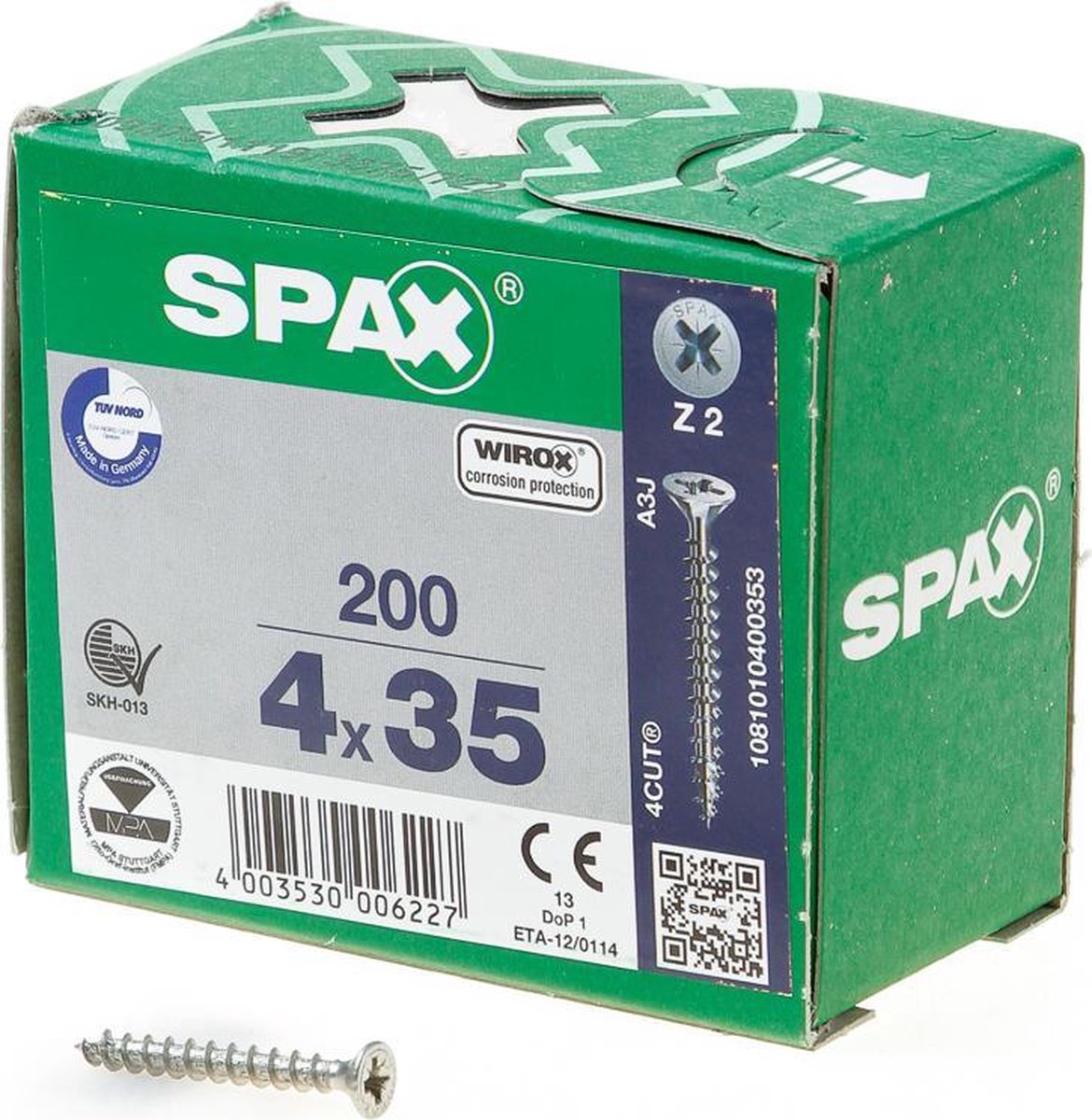 SPAX 1081010400353 Universele schroef, Verzonken kop, 4 x 35, Voldraad, Kruiskop Z2 - WIROX - 200 stuks