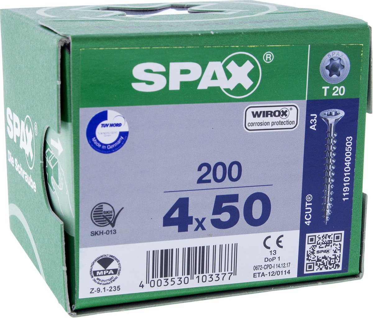 SPAX 1191010400503 Universele schroef, Verzonken kop, 4 x 50, Voldraad, T-STAR plus T20 - WIROX - 200 stuks