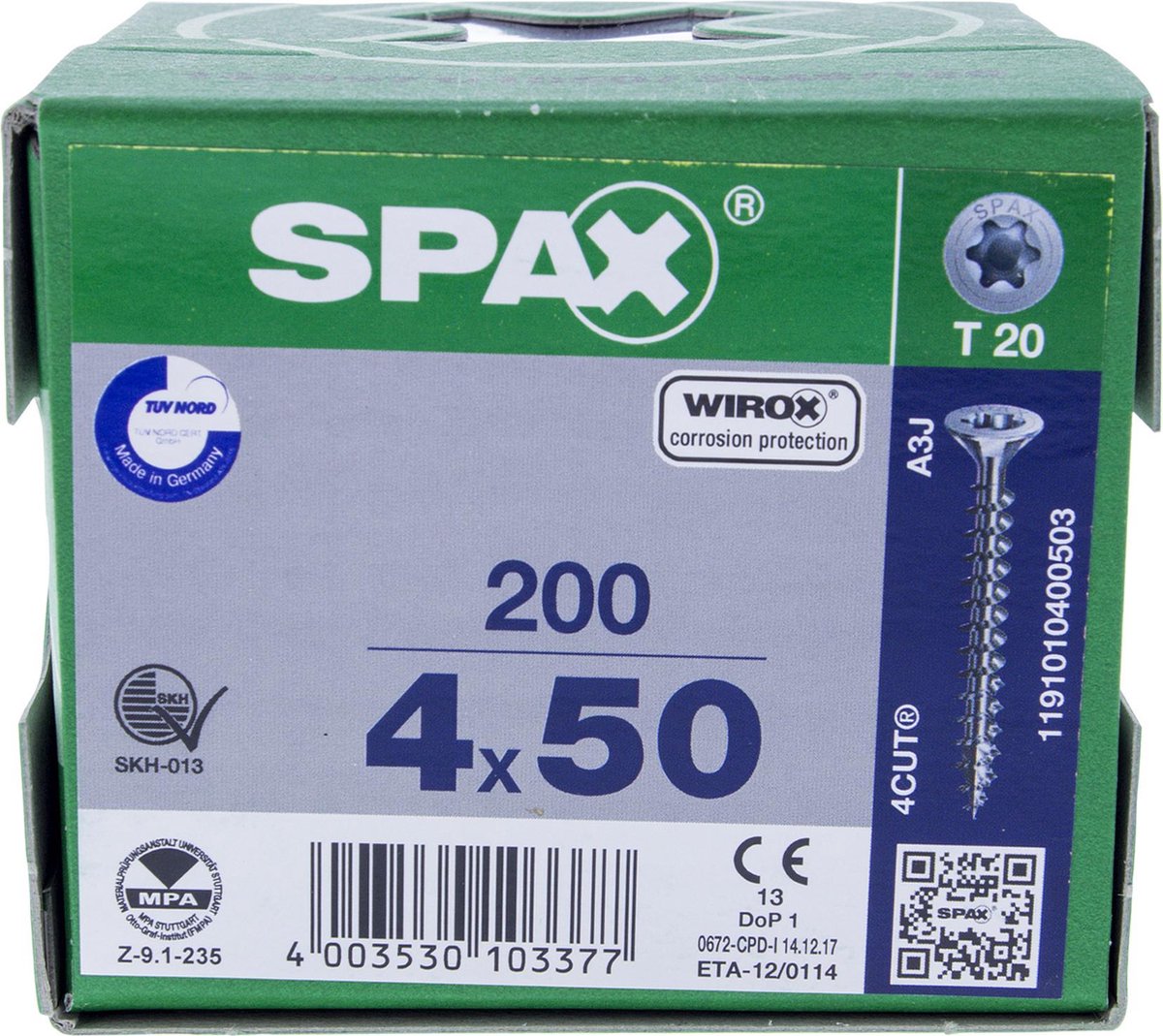 SPAX 1191010400503 Universele schroef, Verzonken kop, 4 x 50, Voldraad, T-STAR plus T20 - WIROX - 200 stuks