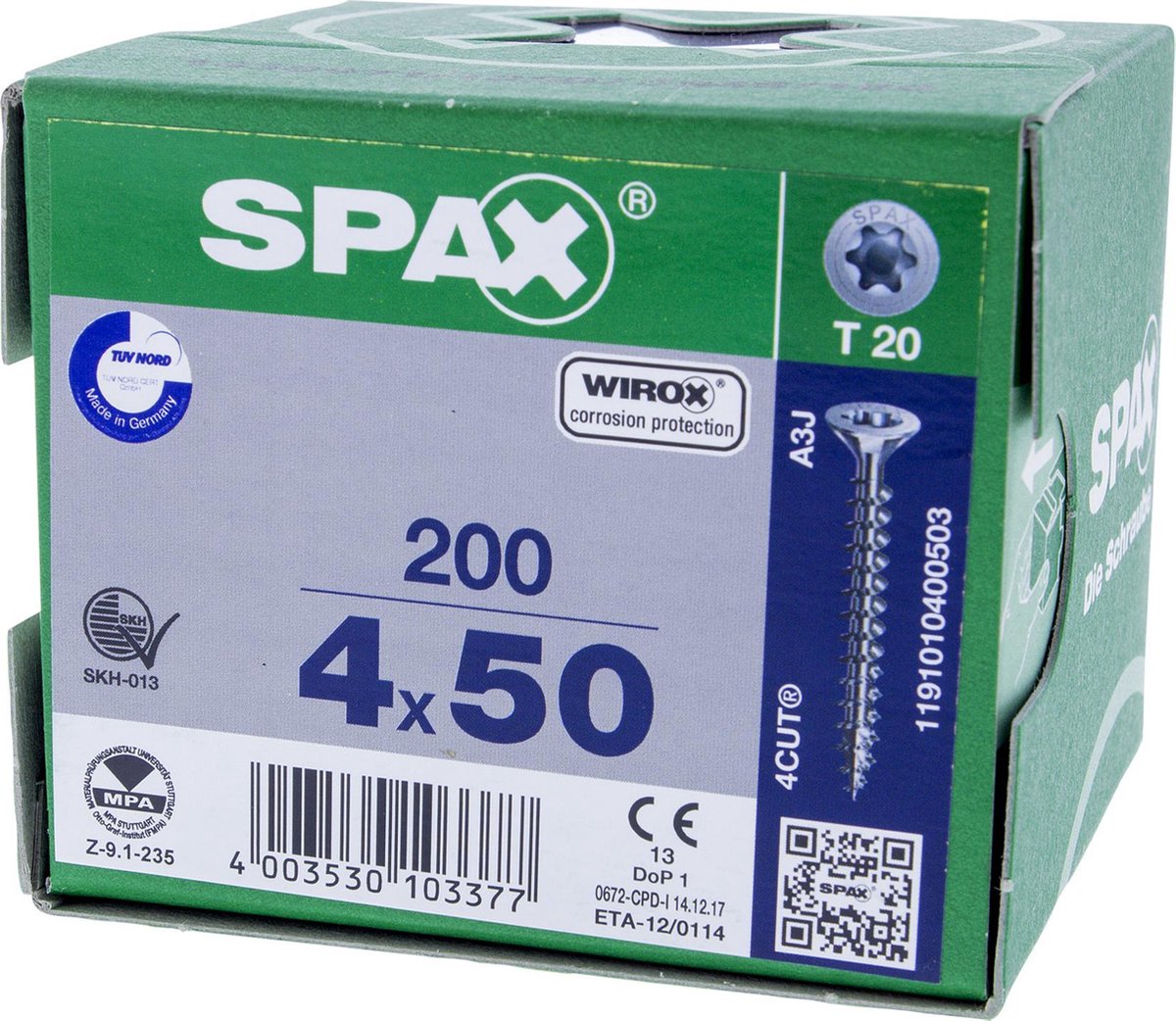 SPAX 1191010400503 Universele schroef, Verzonken kop, 4 x 50, Voldraad, T-STAR plus T20 - WIROX - 200 stuks