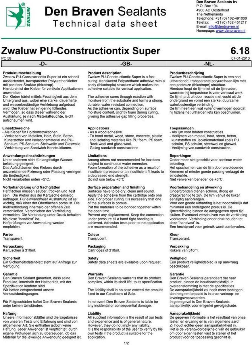 Den braven Zwaluw 200641 PU-Constructiontix Super Constructielijm - Transparant - 310ml