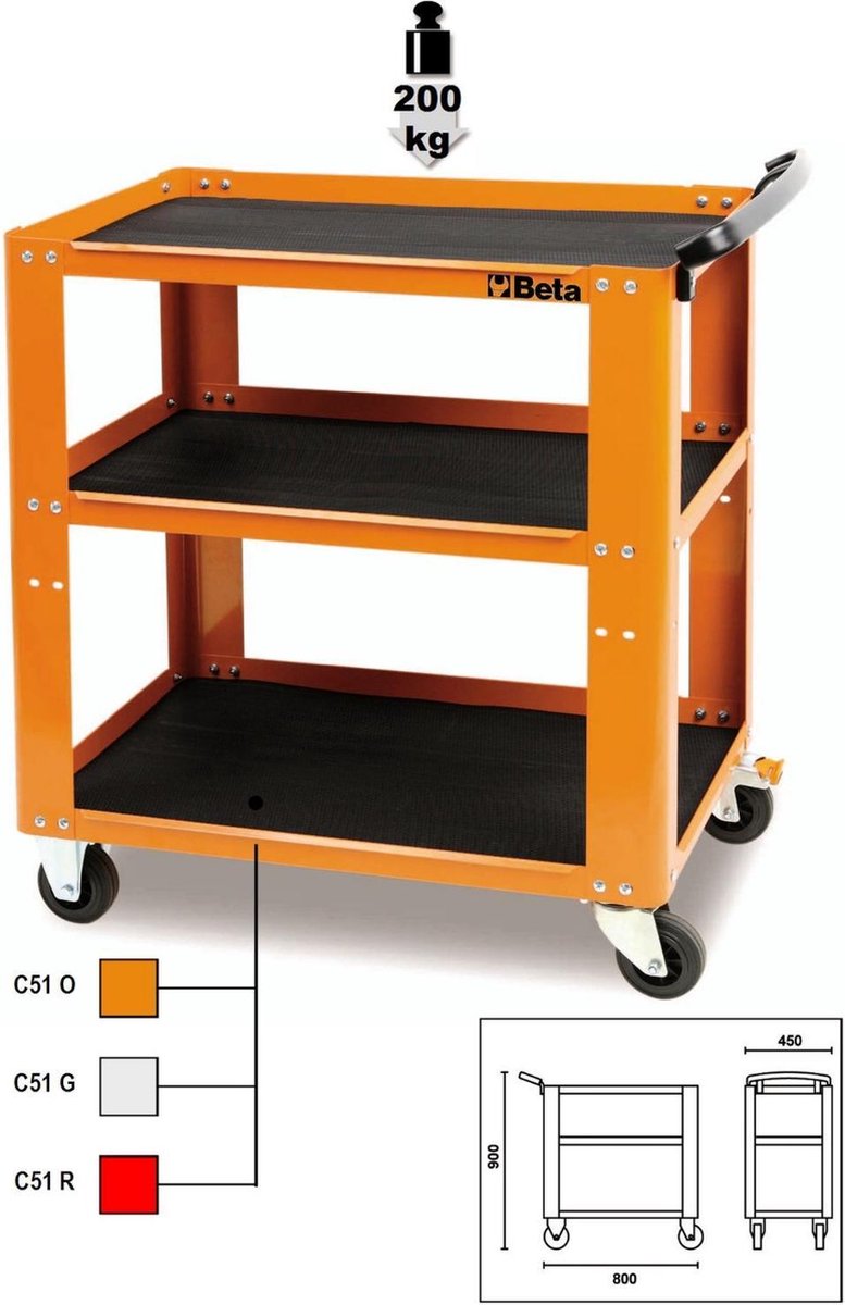 Beta Tools Beta C51 O Trolley Gereedschapswagen - 3 plateaus Open - Oranje