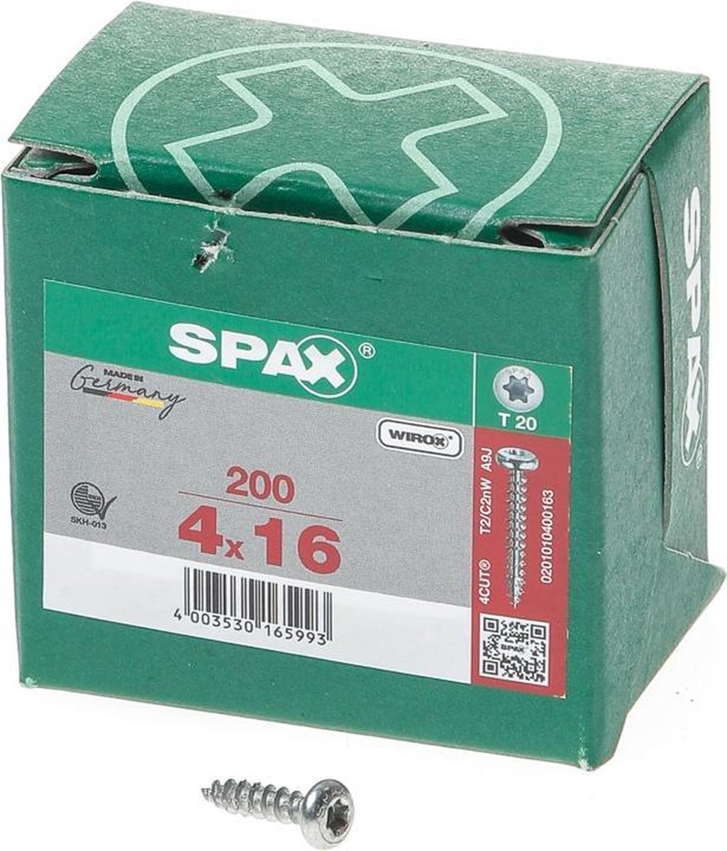 SPAX 201010400163 Universele schroef, Bolkop, 4 x 16, Voldraad, T-STAR plus T20 - WIROX - 200 stuks