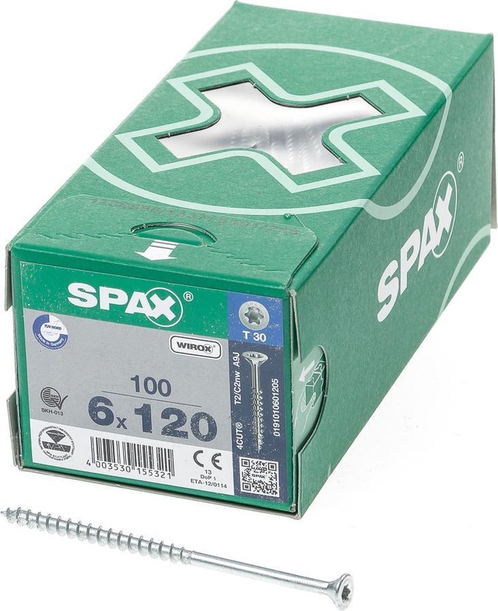 SPAX 191010601205 Universele schroef, Verzonken kop, 6 x 120, Deeldraad, T-STAR plus T30 - WIROX - 100 stuks