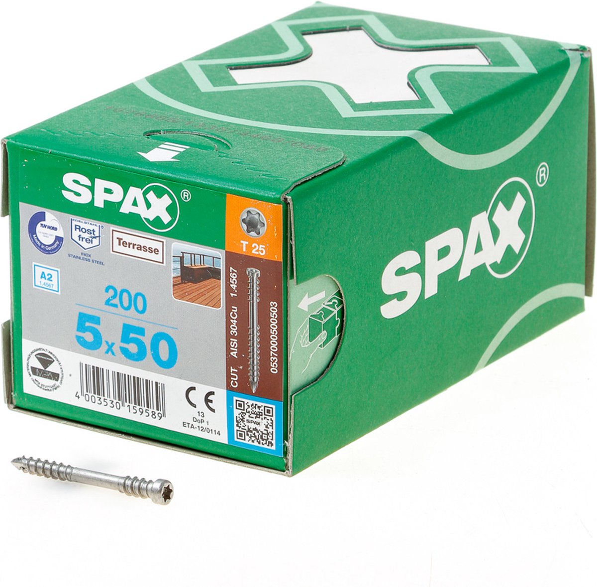 SPAX 537000500503 Terrasschroef, Cilinderkop, 5 x 50, Fixeerschroefdraad, T-STAR plus T25 - blank - 200 stuks