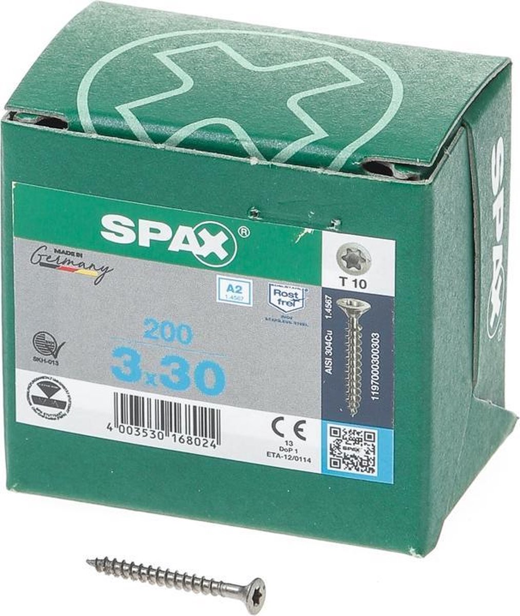 SPAX -S 1197000300303 Roestvaststalen schroef, Verzonken kop, 3 x 30, Voldraad, T-STAR plus T10, S-punt - blank - 200 stuks