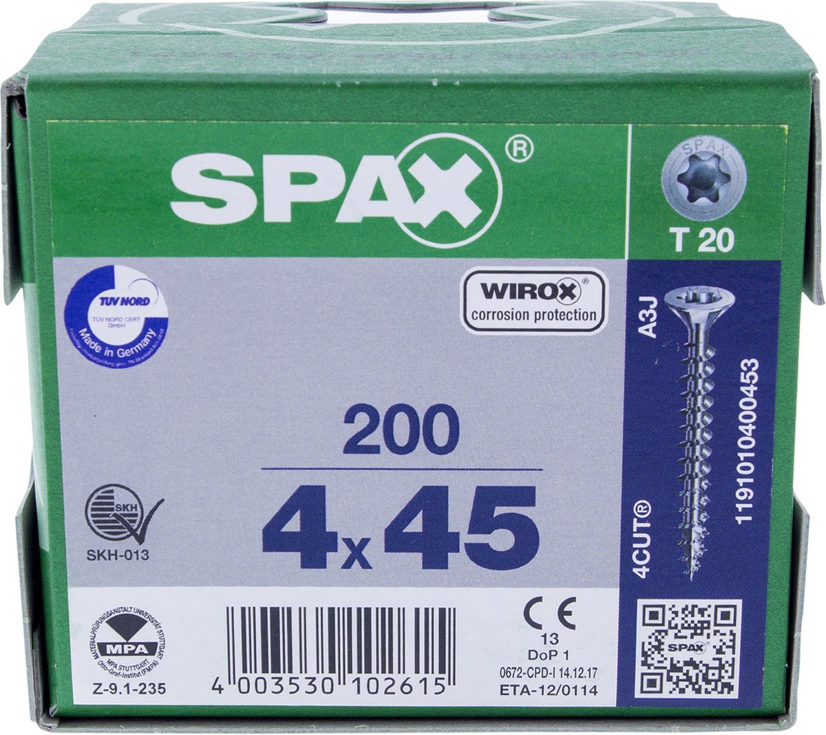 SPAX 1191010400453 Universele schroef, Verzonken kop, 4 x 45, Voldraad, T-STAR plus T20 - WIROX - 200 stuks
