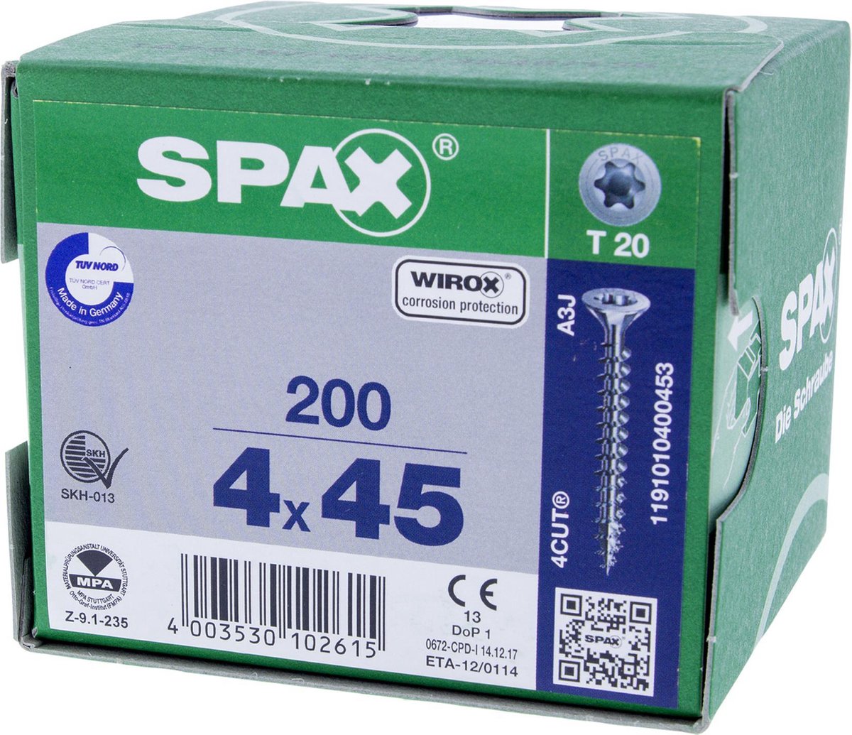 SPAX 1191010400453 Universele schroef, Verzonken kop, 4 x 45, Voldraad, T-STAR plus T20 - WIROX - 200 stuks